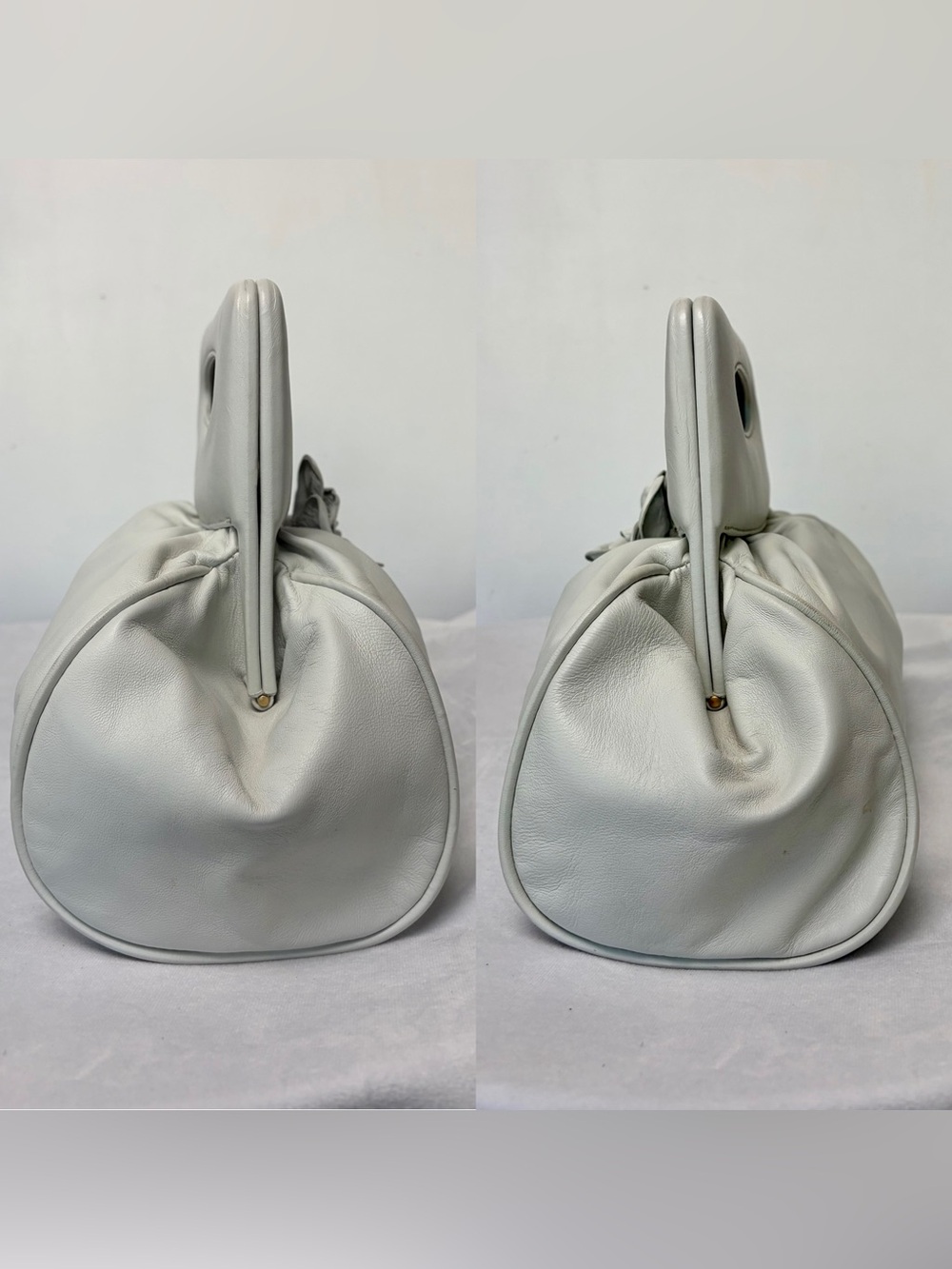 CHANEL lambskin top handle clutch, ivory-grey, leather Camelia accent,11x12, EUC - Picture 6 of 16